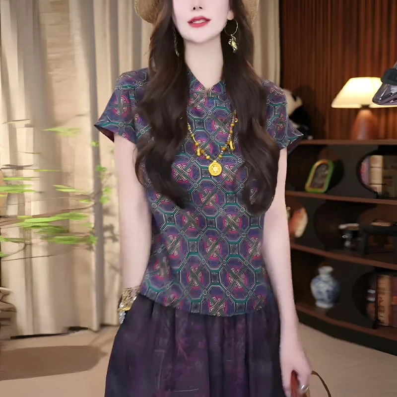 新中式国风立领衬衫女2025夏季新款短袖小衫高端时尚显瘦减龄上衣