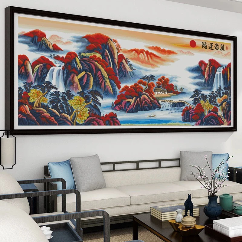 纯手工绣好的十字绣成品不带裱框鸿运当头流水生财中式客厅山水画