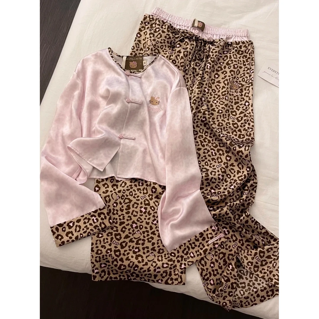 新中式国风豹纹kitty猫睡衣女春秋新款长袖长裤可外穿家居服套装