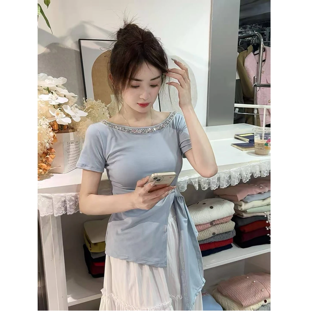 2025春季新款露肩褶皱甜辣风小众系带收腰T恤上衣女7634#0.1 y
