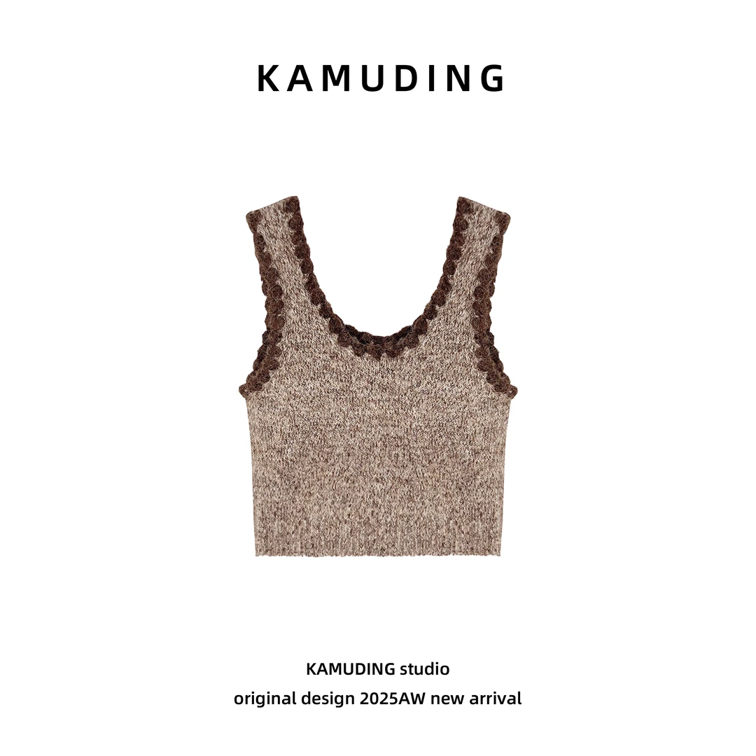 KAMUDING2025新款C复古风撞色花边修身显瘦针织毛衣背心25362
