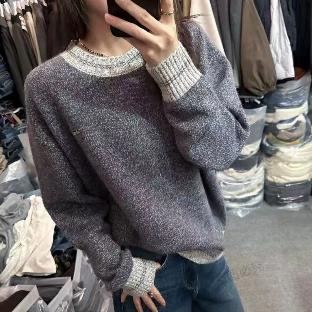 流光智性风圆领撞色花纱羊绒针织套衫5559