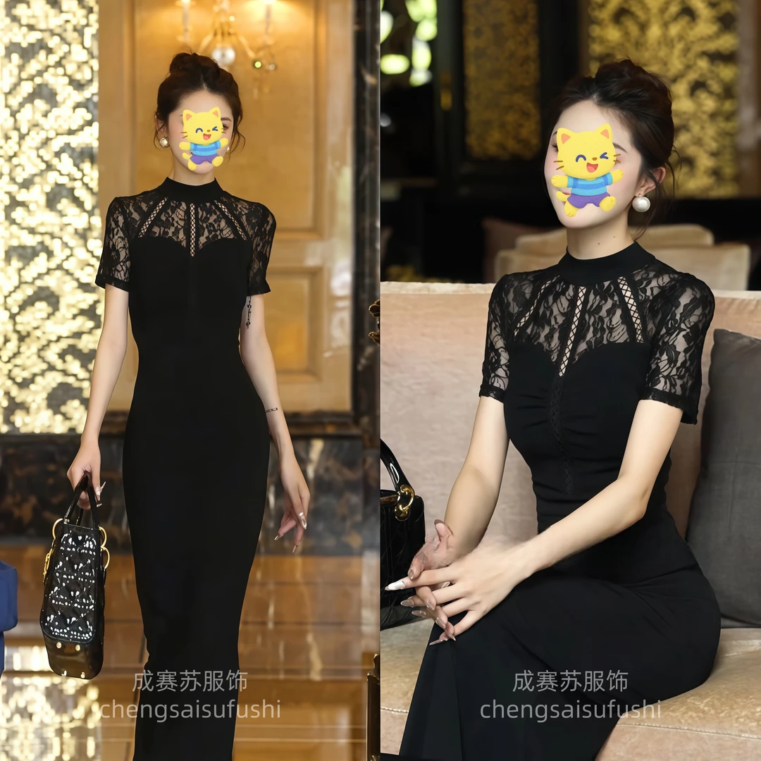 2025春夏高级纯黑镂空连衣裙气质蕾丝时尚黑色连衣裙XLB501901