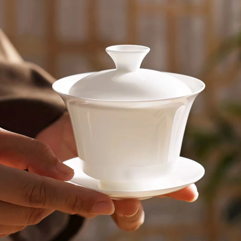 潮州薄胎骨瓷盖碗 马蹄三才盖碗 高档潮汕工夫茶具 纯白瓷茶碗杯