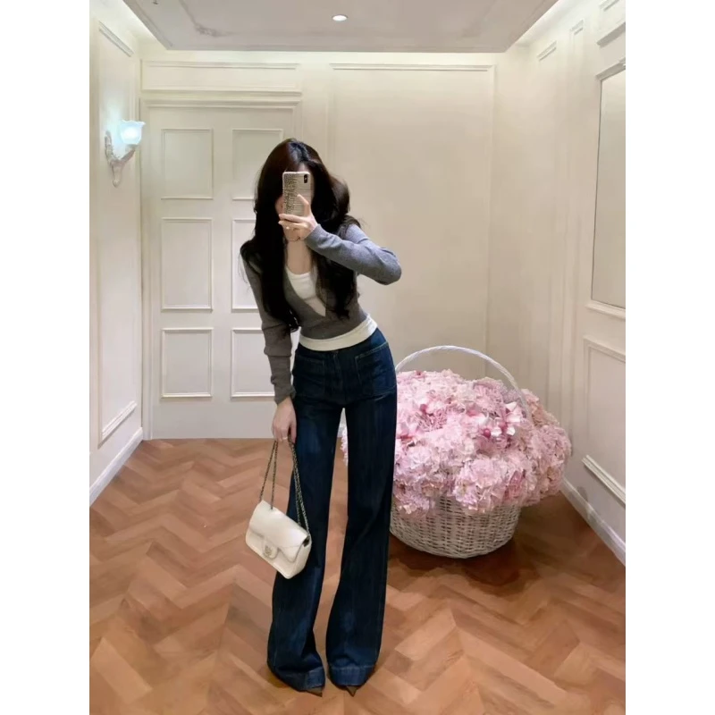 秋季韩系穿搭时尚套装2025新款慵懒拼接假两件上衣休闲长裤两件套