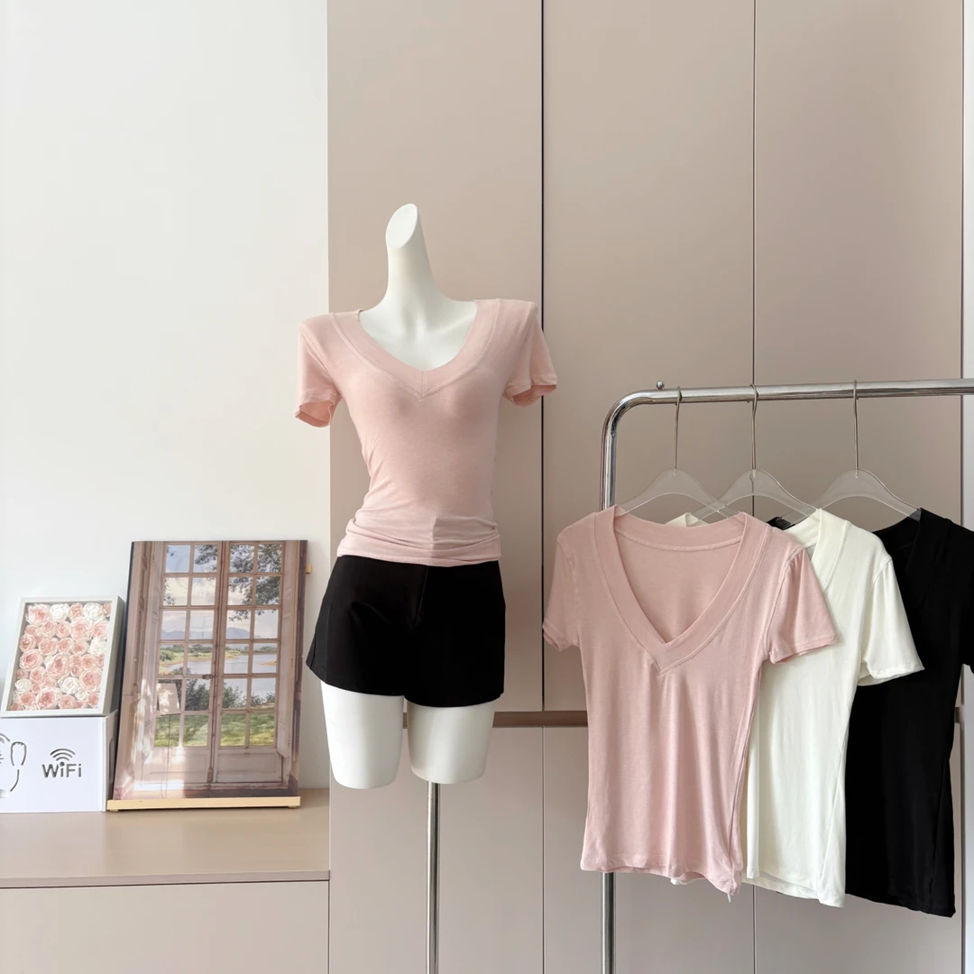 莱赛尔天丝羊毛v领T恤女夏薄款修身显瘦百搭短款上衣