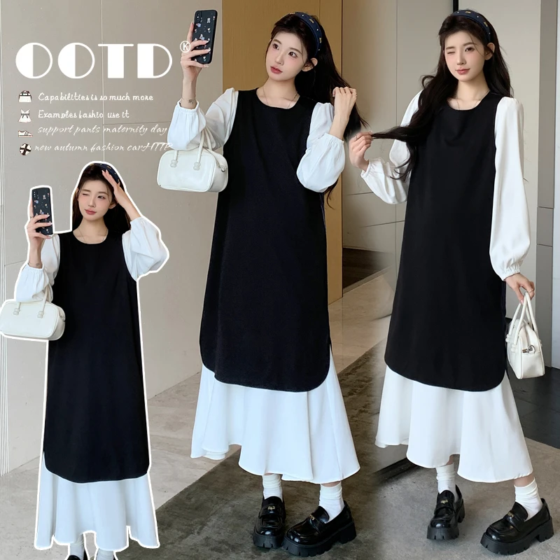 秋季孕妇装时髦洋气秋冬款秋季小众气质撞色拼接简约设计感两件套