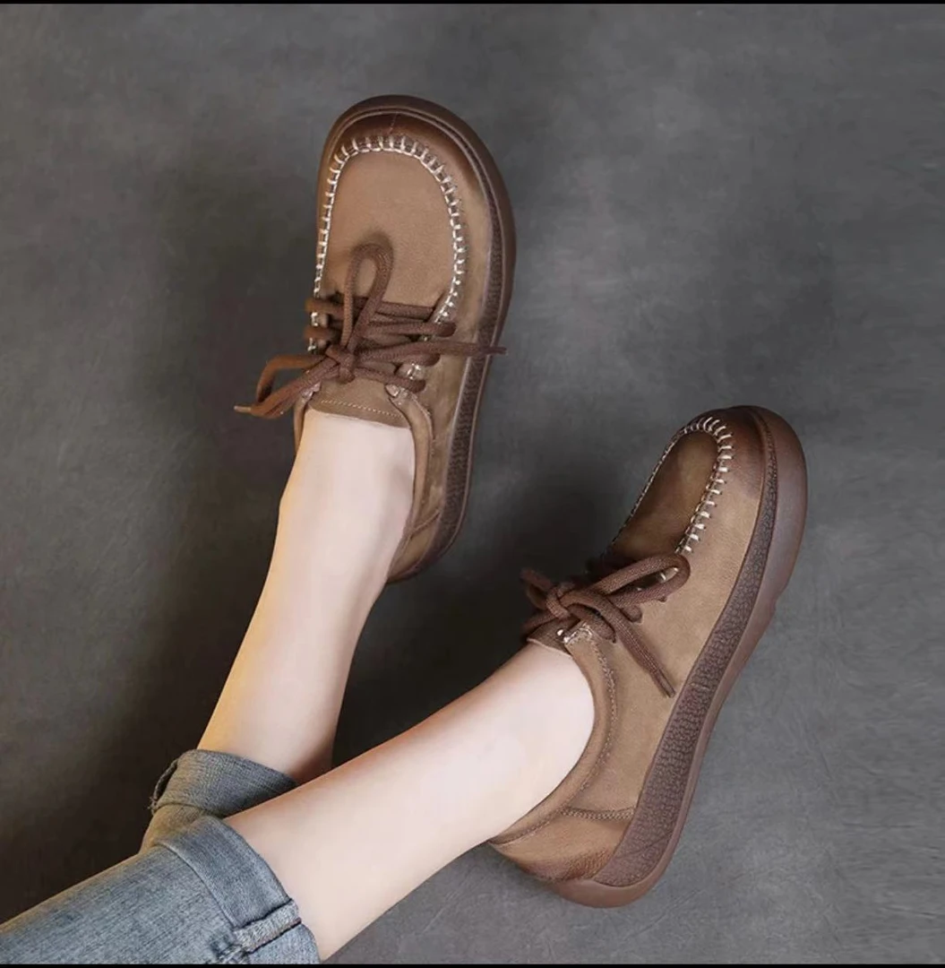 头层牛皮6616春夏复古系带舒适真皮厚底软底平底单鞋