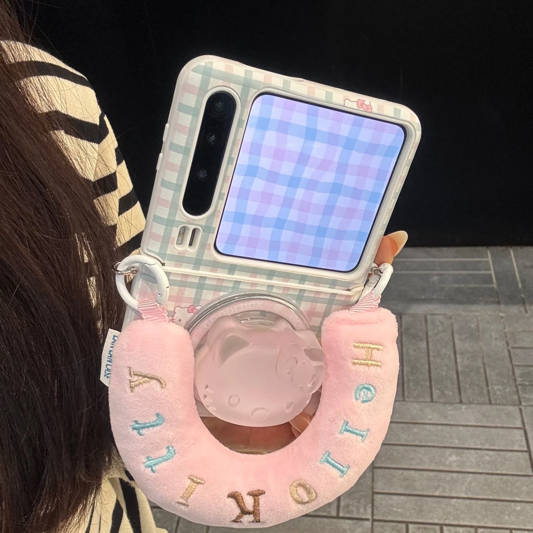 适用华为purax折叠屏手机壳粉绿格纹kt猫pocket2头像磁吸支架手绳