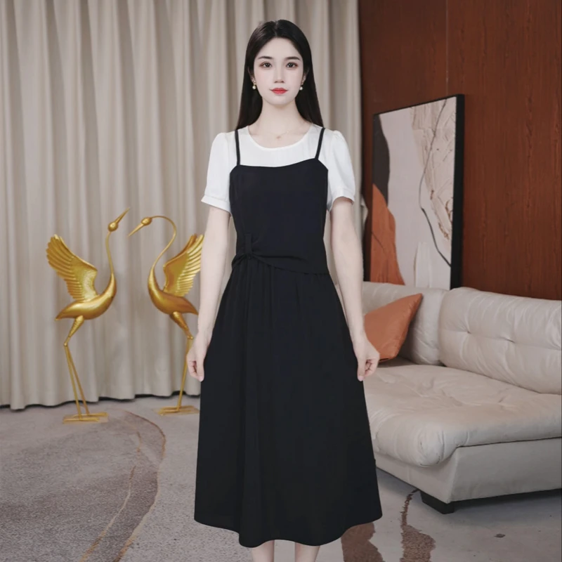 连衣裙显瘦气质小个子夏季黑色收腰假两件拼接显瘦气质小个子夏季
