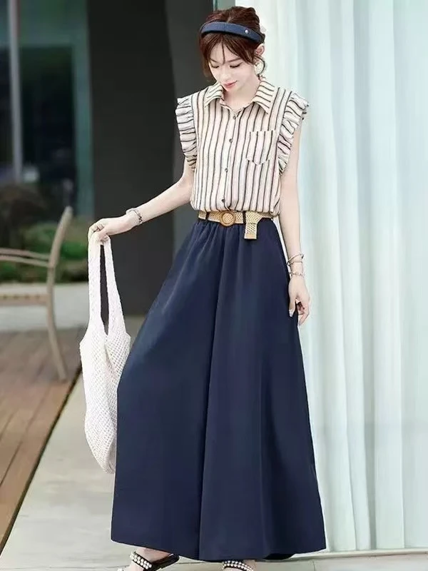 D662568-夏季时尚套装女飞飞袖条纹衬衫松紧腰阔腿休闲裤两件套