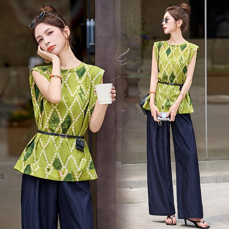 新中式法式2025两件套装女上衣印花宽松套装女装短袖气质显瘦休闲