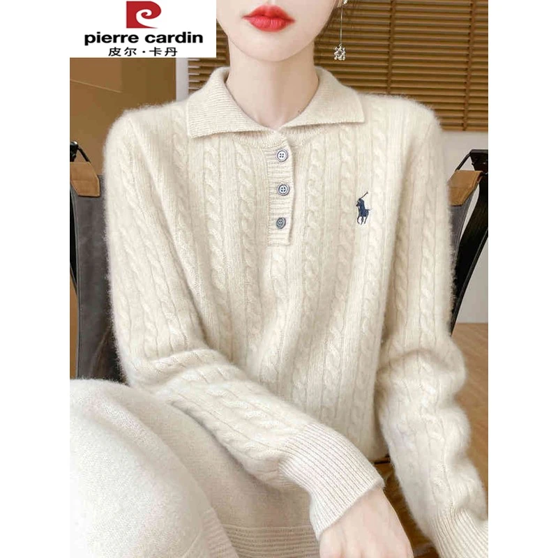 皮尔卡丹纯羊毛绣花针织女底衬衫新款春秋季风格内加码女式秋冬毛