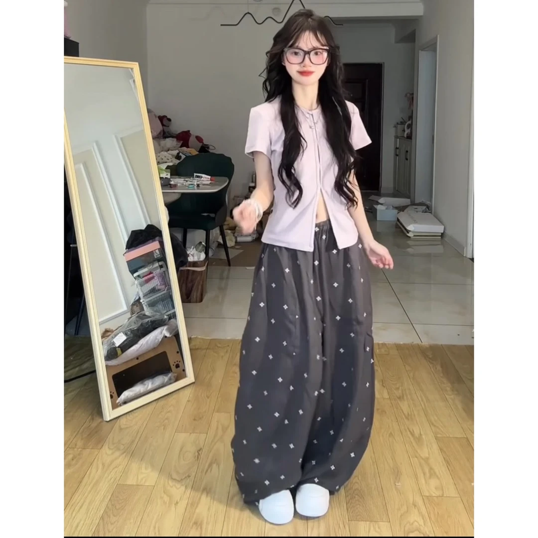 2025韩系穿搭一整套女新款松弛感短袖上衣百搭显瘦阔腿裤子两件套