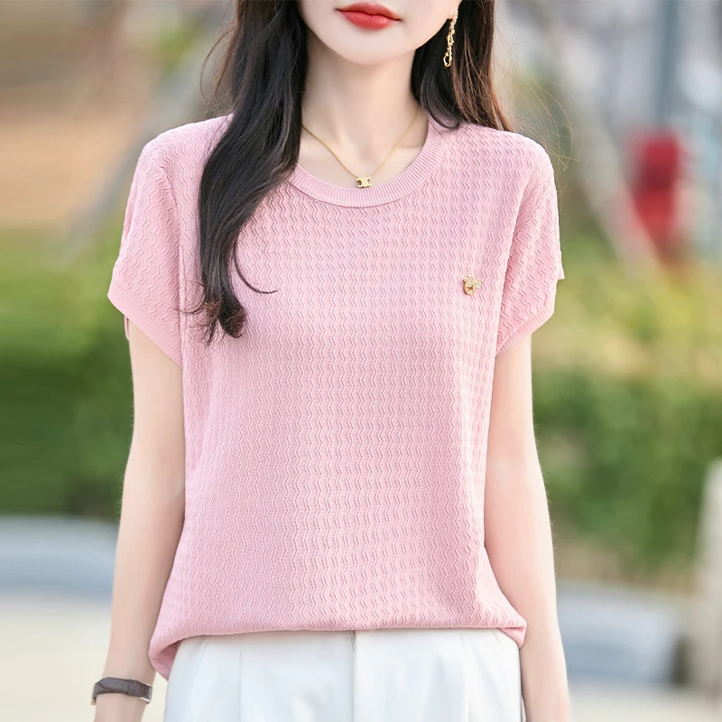 新款曲珠冰丝针织短袖薄款凉感圆领波浪米奇半袖宽松打底衫T恤上