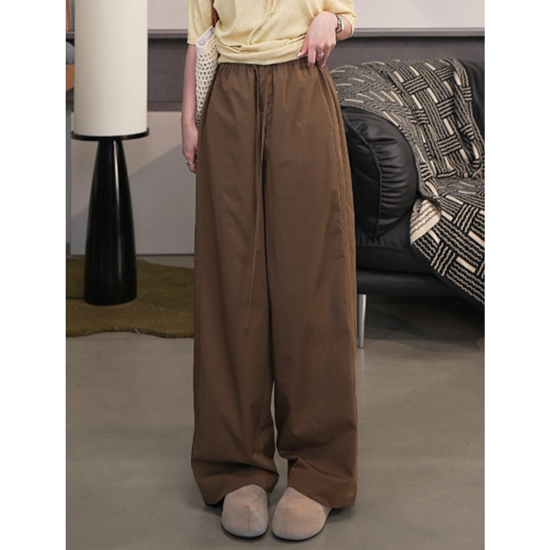 夏季松紧腰抽绳休闲直筒阔腿裤女高腰显瘦百搭宽松垂感拖地裤