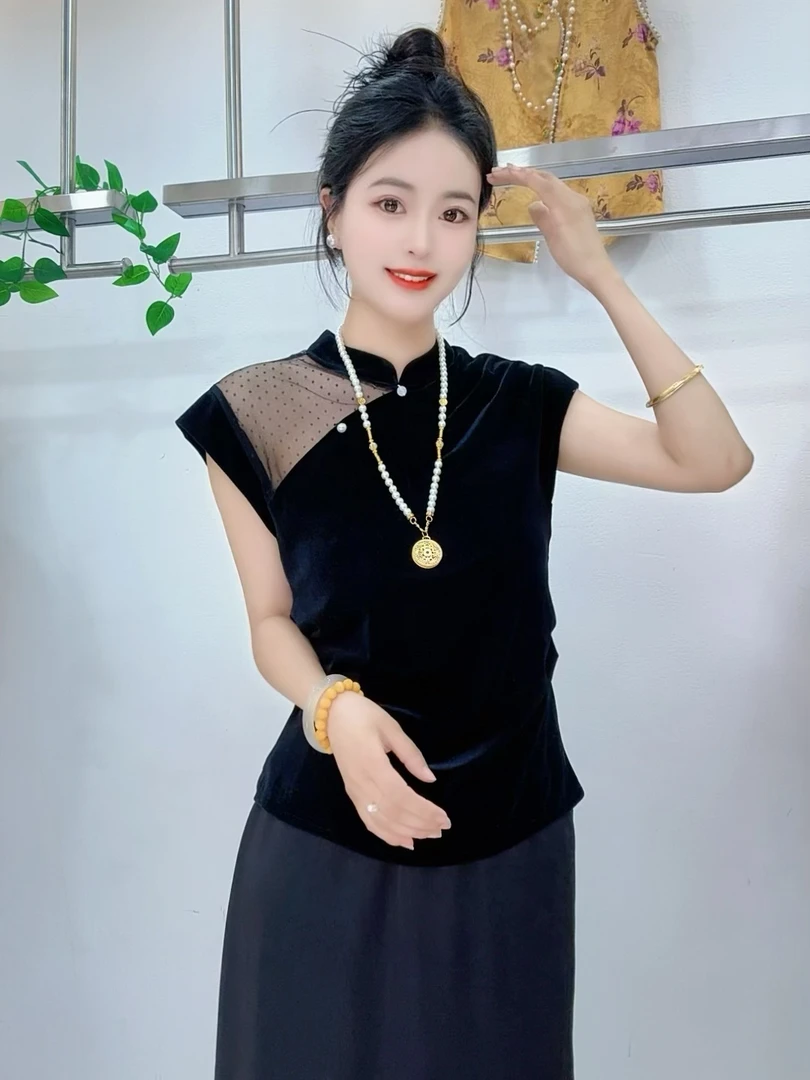 【往日重现】设计感立领网纱拼接丝绒上衣女百搭气质休闲衬衫