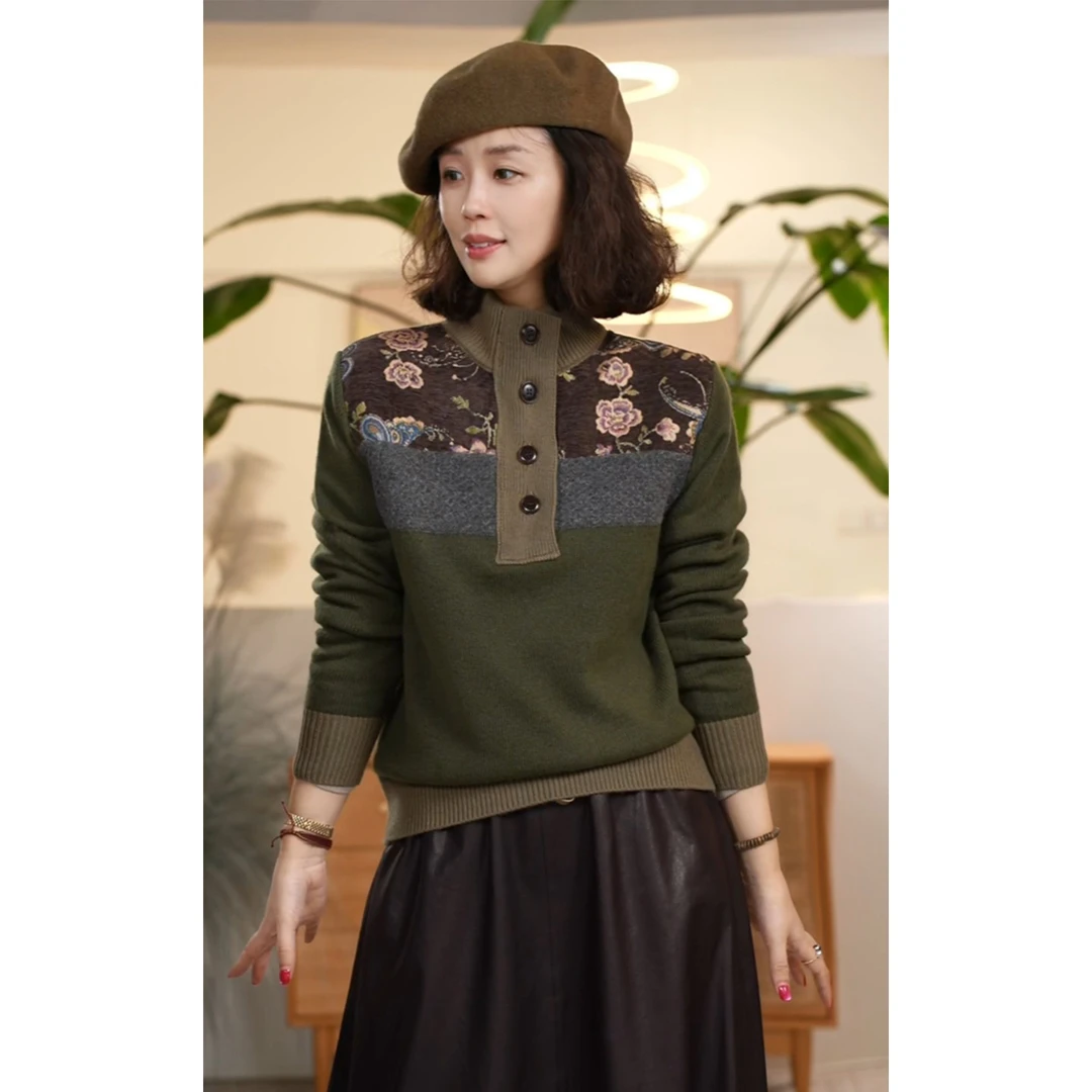 Y【叭哒不惑】 枫庭 羊绒羊毛复古立领长袖针织衫女时尚套头毛衣