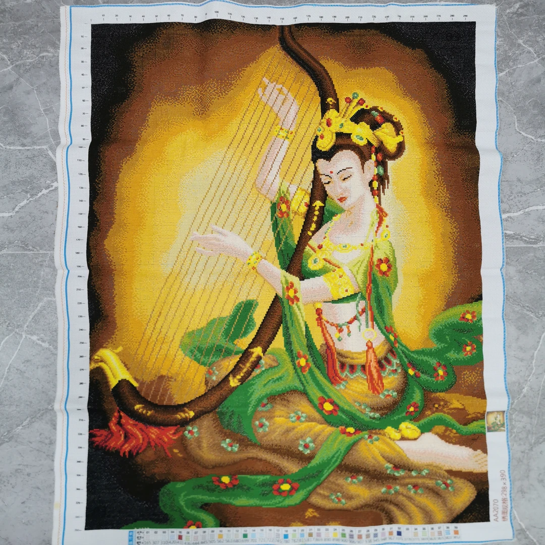 纯手工绣好的十字绣成品新款敦煌抚琴仙女琴音美女客厅卧室装饰画