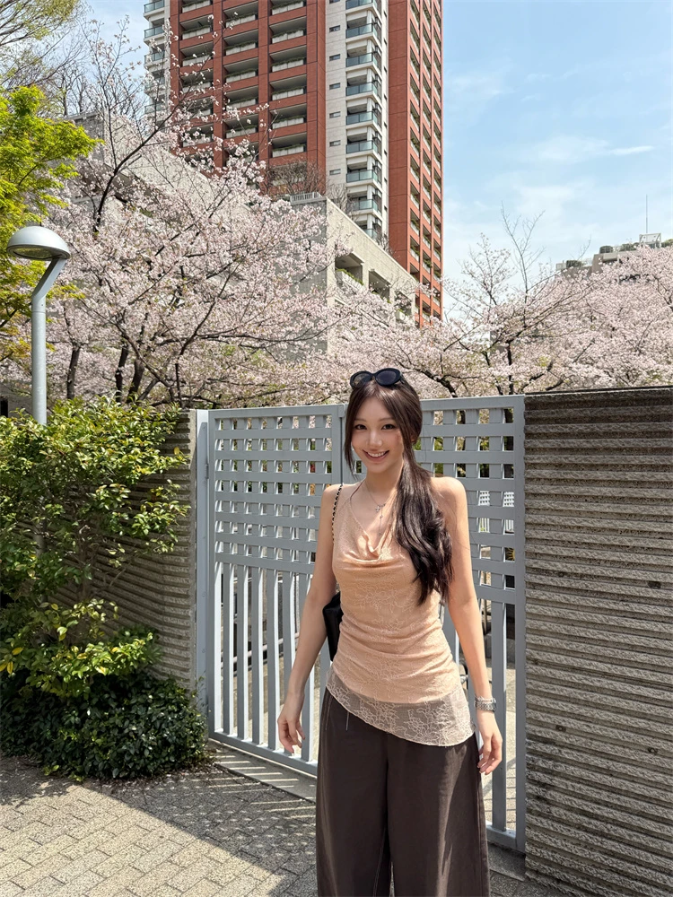 Yangzifan 独家定染 细肩带弹力蕾丝荡领挂脖斜边露背吊带