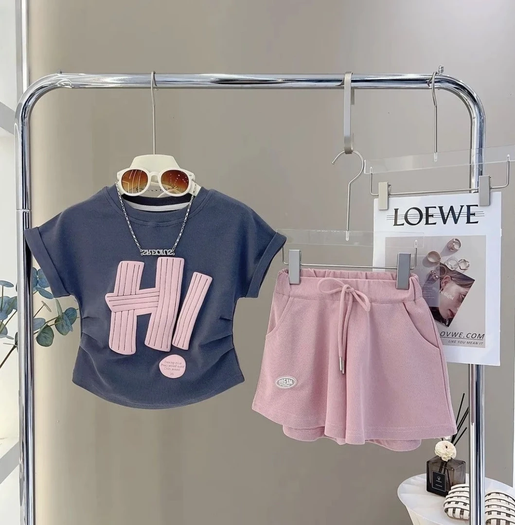 （现货）夏季运动休闲套装印花短袖T恤上衣直筒阔腿休闲短裤两件套