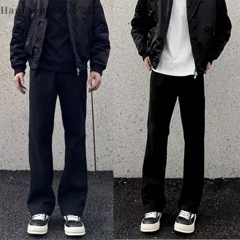 秋冬款高克重直筒硬挺弯刀微喇黑色西裤男百搭通勤卫裤休闲男长裤