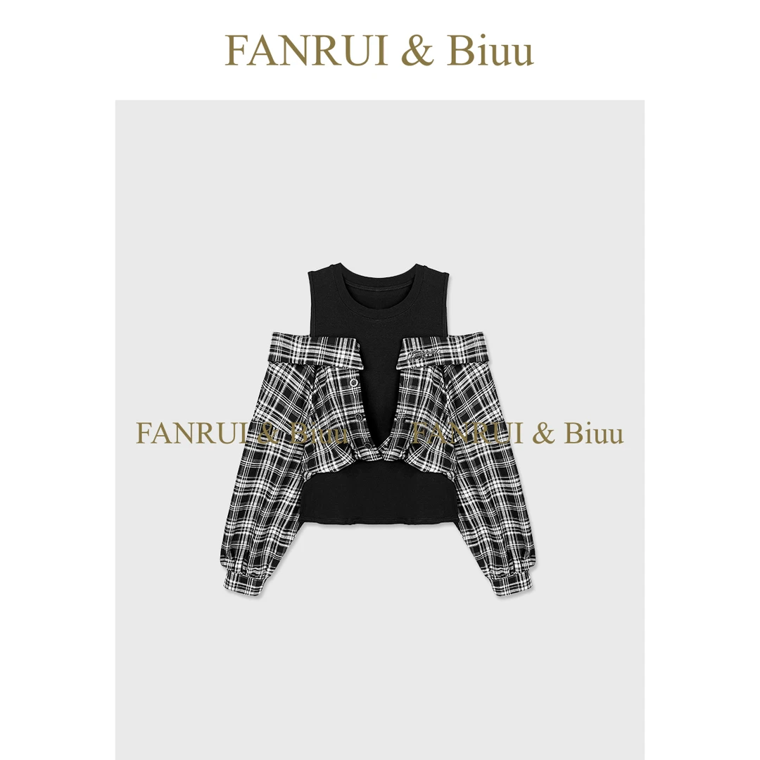 FANRUI/泛芮「穿梭机」格纹假两件漏肩设计时髦气质秋款上衣B17794