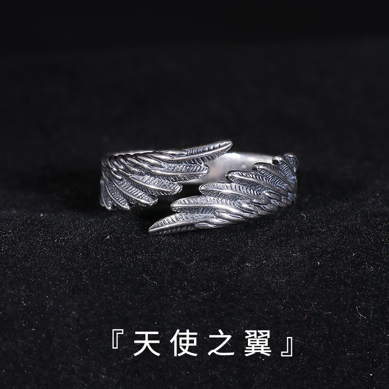 足银戒指 纯银天使之翼翅膀戒指男女开口指环复古情侣礼物刻字