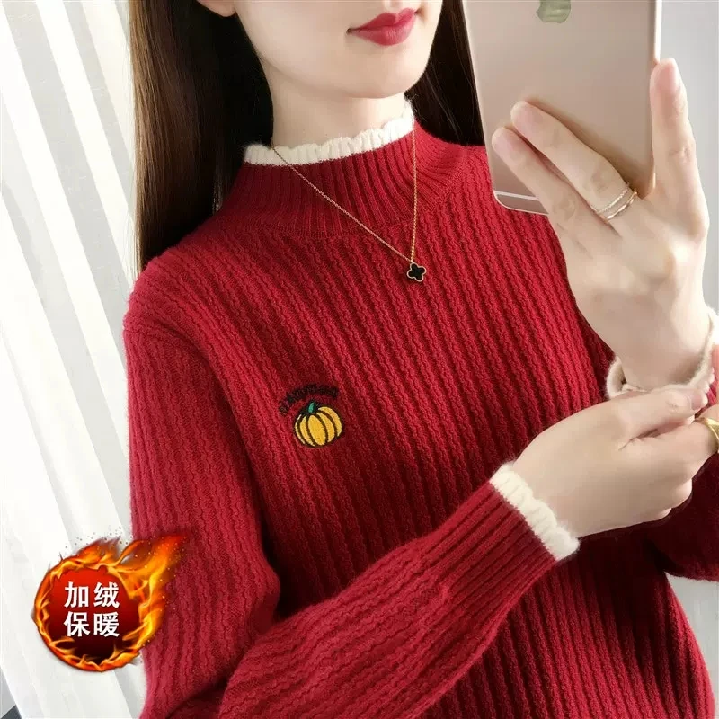 早春女大童加绒加厚毛衣新年15岁小女孩半高领炸街时尚针织打底衫