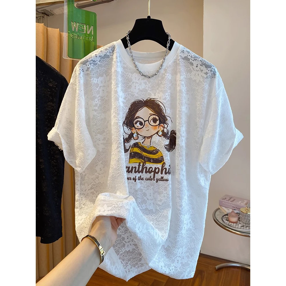 欧货240斤大码卡通女孩印花蕾丝t恤女短袖2025新款宽松胖妹妹上衣