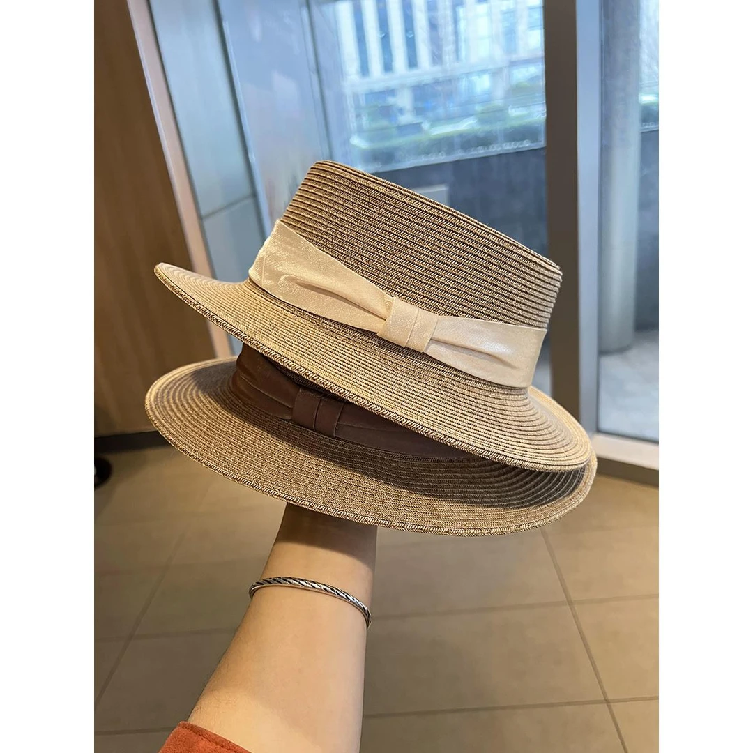 Miss Silas法式平顶草帽女夏可折叠海边防晒遮阳帽子新款草编礼帽