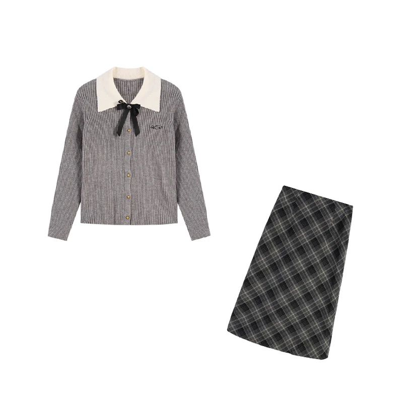 大码微胖减龄灰色毛衫上衣显瘦黑色长半裙两件套ZL98436