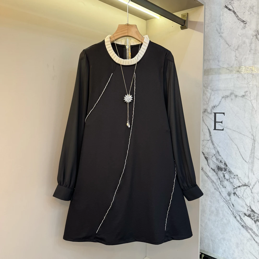 大码女装2025欧货圆领拼接花边时尚显瘦遮肉款胖MM连衣裙2528