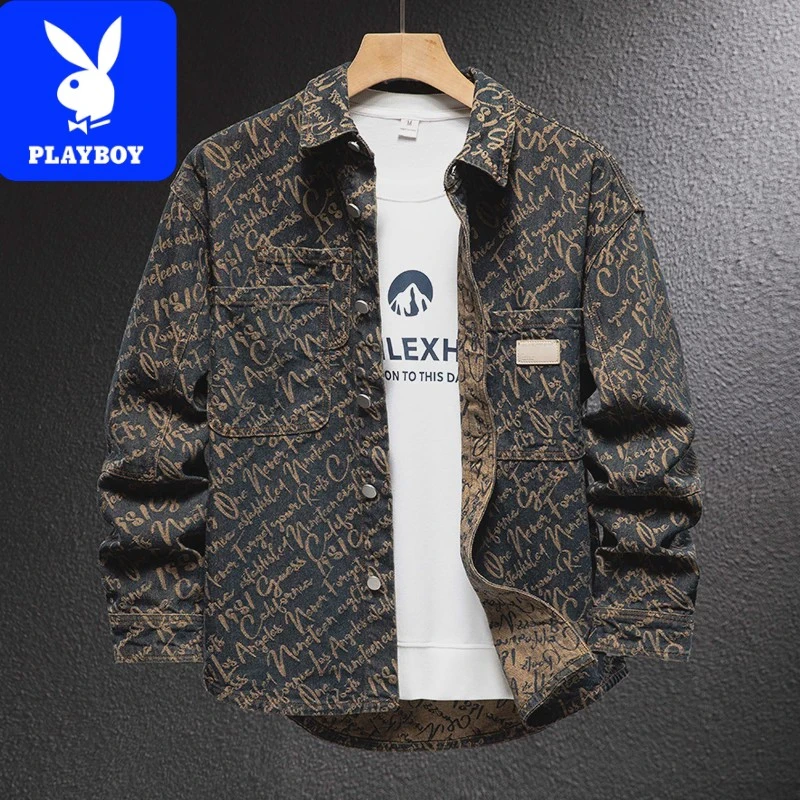 PLAYBOY花花公子欧美高奢牛仔外套男复古设计感提花宽松夹克衫秋