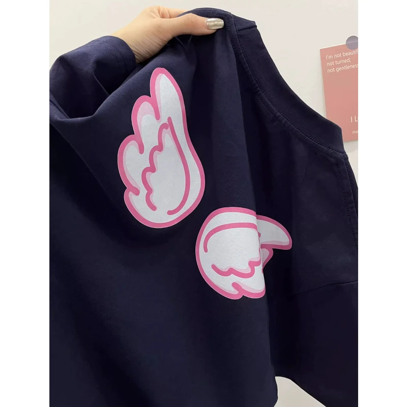 藏青色美式复古纯棉短袖t恤女夏季设计感翅膀印花宽松半袖上衣服