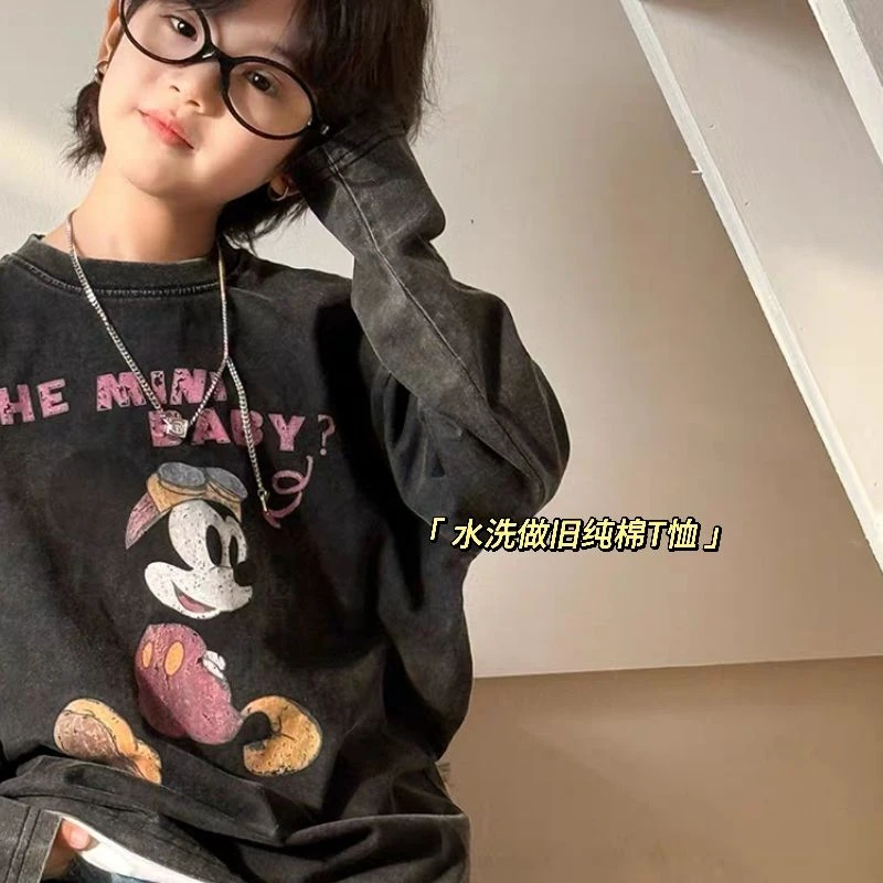 水洗旧做潮牌童装打底衫长袖t恤米奇印花中大童男童休闲纯棉