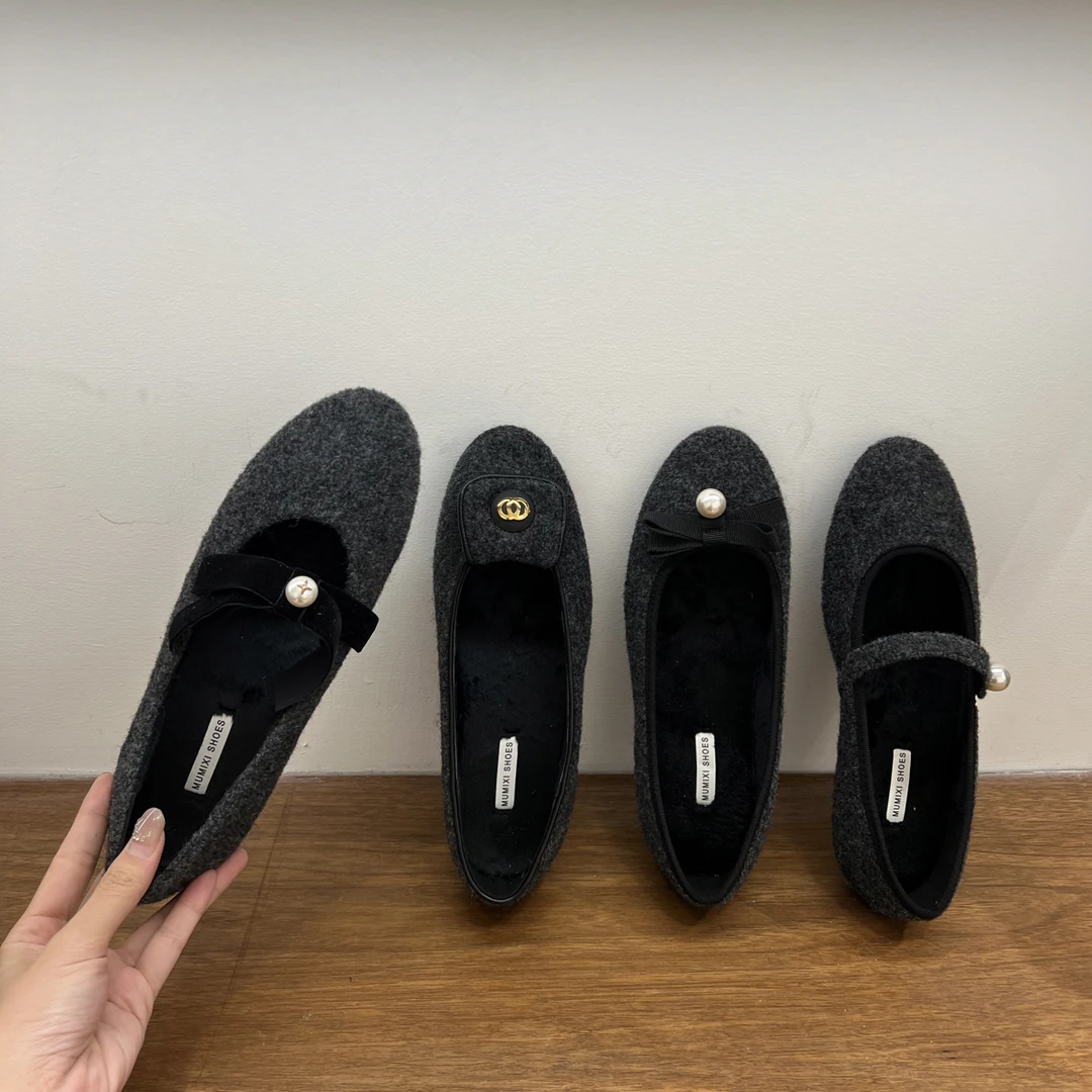 呢子灰   蝴蝶结玛丽珍鞋女百搭平底毛毛鞋2025秋季新款