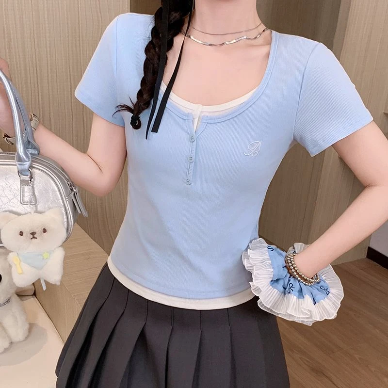 韩版撞色假两件正肩短袖T恤女2025夏季新款纯欲辣妹修身显瘦上衣