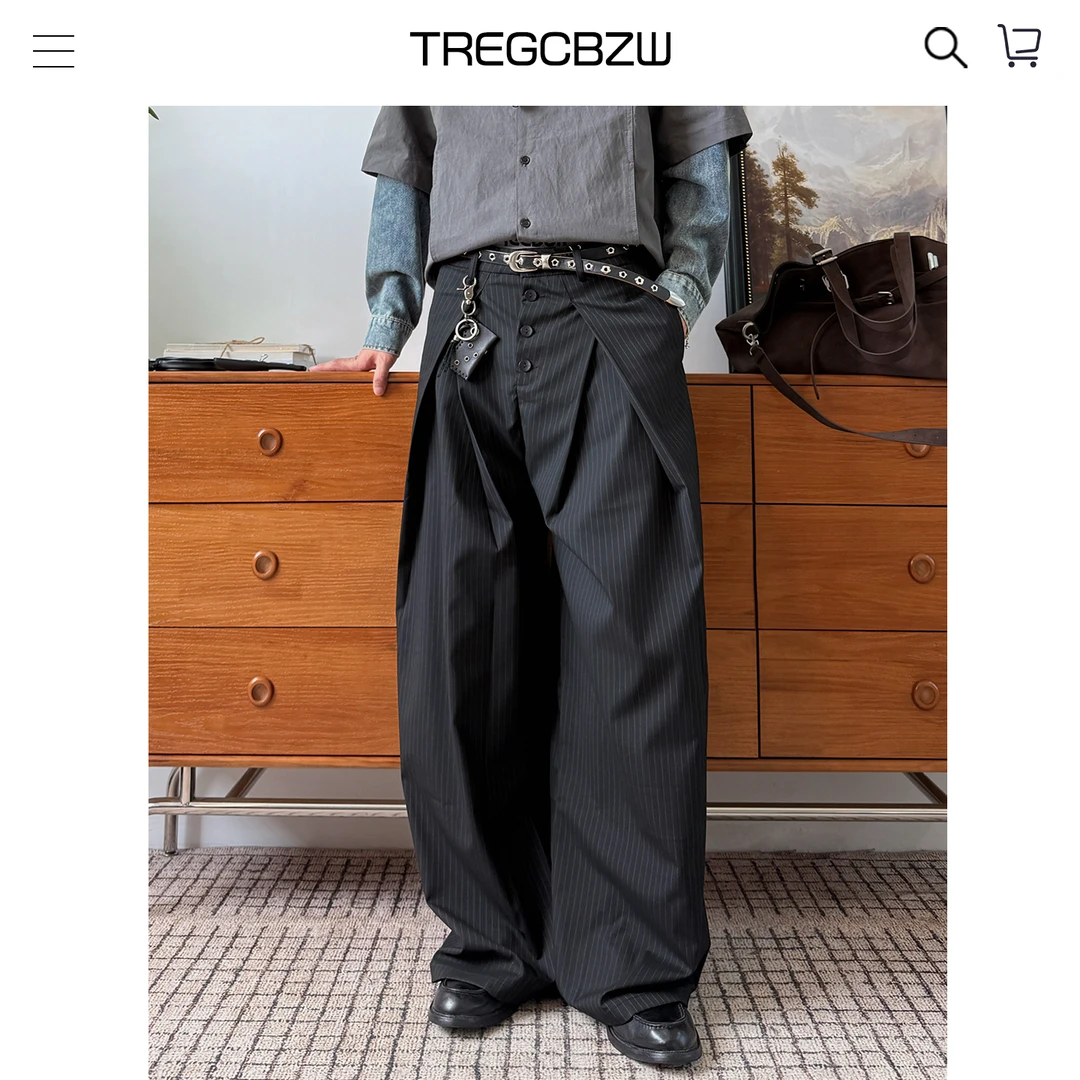 CBZW潮牌高级感条纹打褶休闲西裤男美式老钱风宽松直筒垂感长裤子