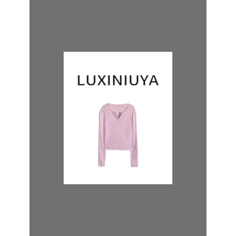 【LUXINIUYA】春夏V领纯色高级时尚百搭长袖T恤#CX1654