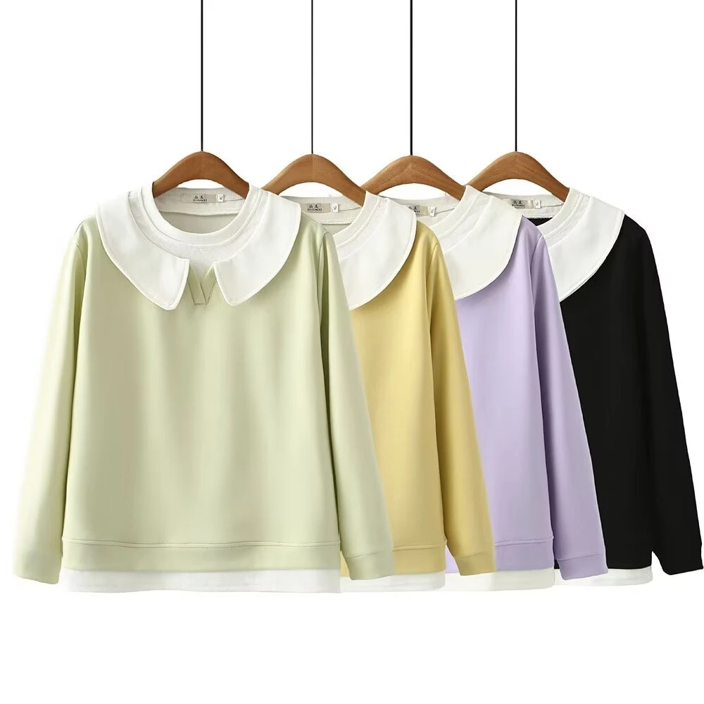 JM2809拼色娃娃领假两件套头卫衣大码女装韩版减龄休闲长袖上衣春