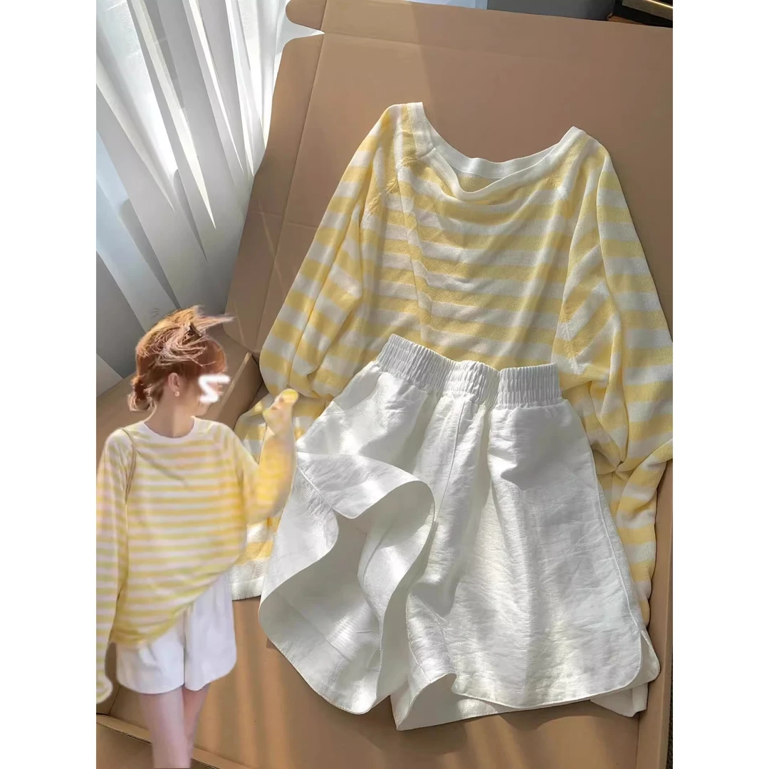 韩版小众慵懒风长袖睡衣两件套女夏季宽松显瘦大码短裤家居服套装