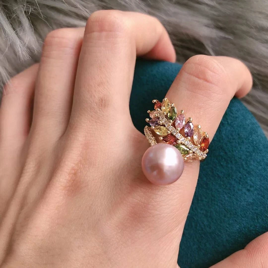 【江辰手作】七彩时尚活口设计时尚潮流珍珠戒指AJZ404