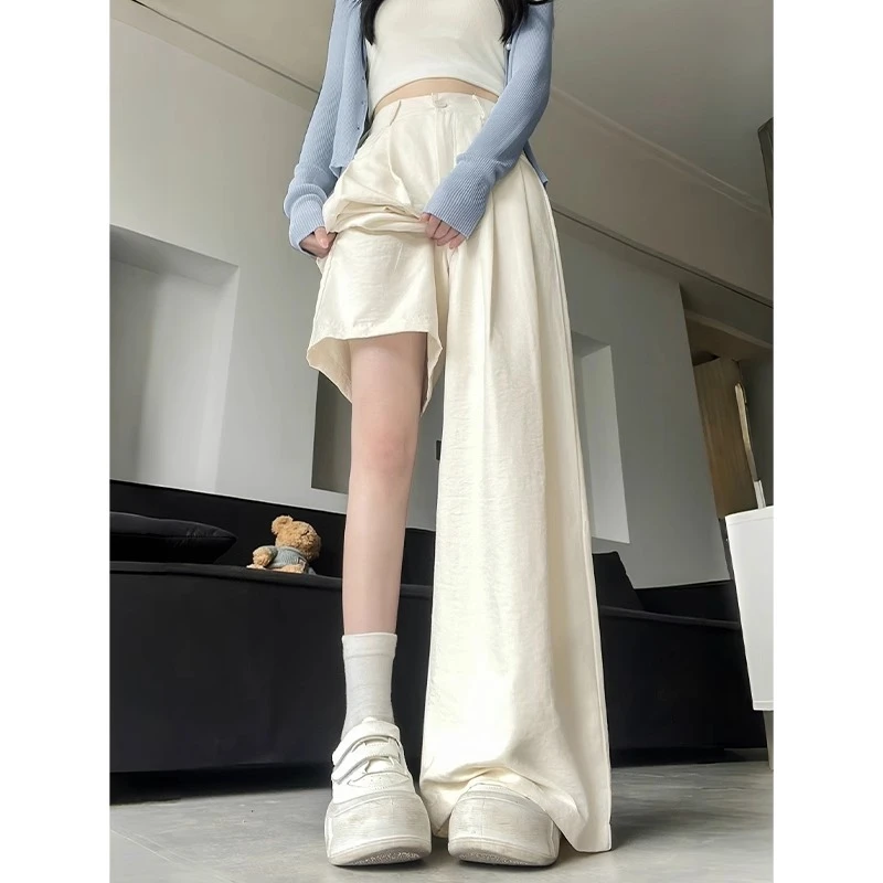 米白色奶芙西装阔腿裤女2025夏季新款高腰显瘦宽松冰丝拖地长裤夏