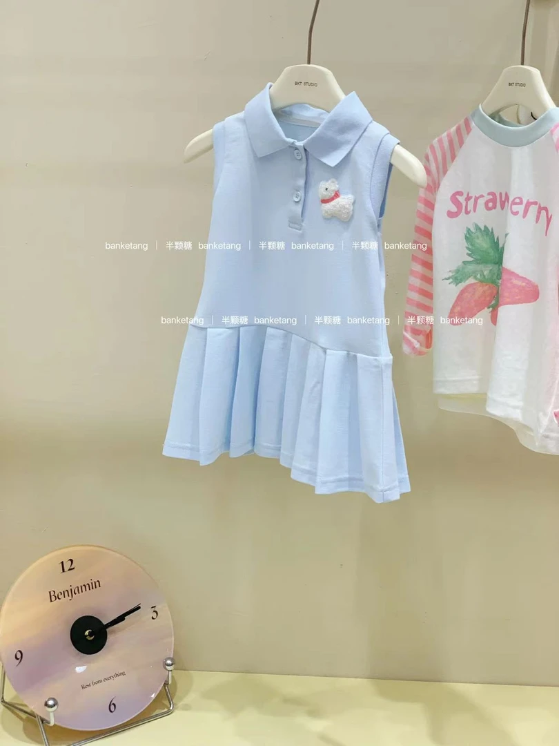 在仓  女童蓝色polo衫连衣裙2025夏季新款韩版童装女宝宝小狗贴布
