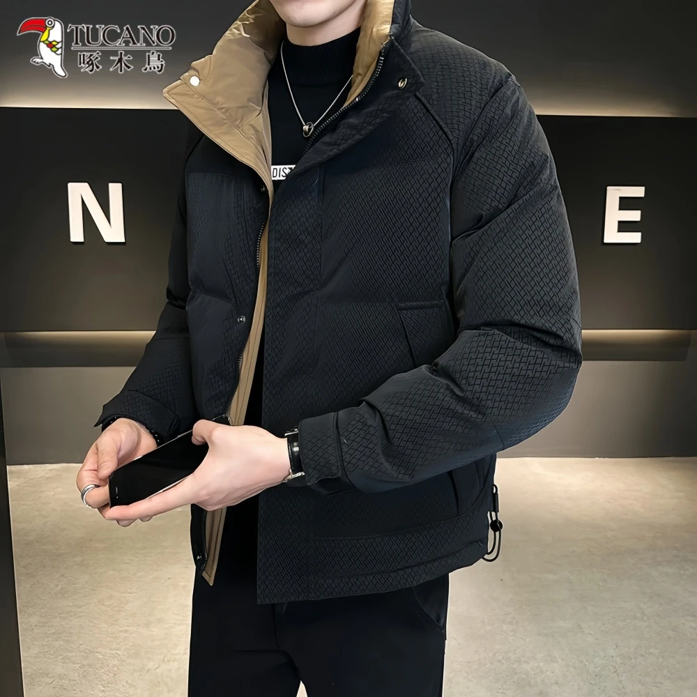 啄木鳥冬季新款男士格子立领休闲白鸭绒羽绒服保暖短款防寒服外套