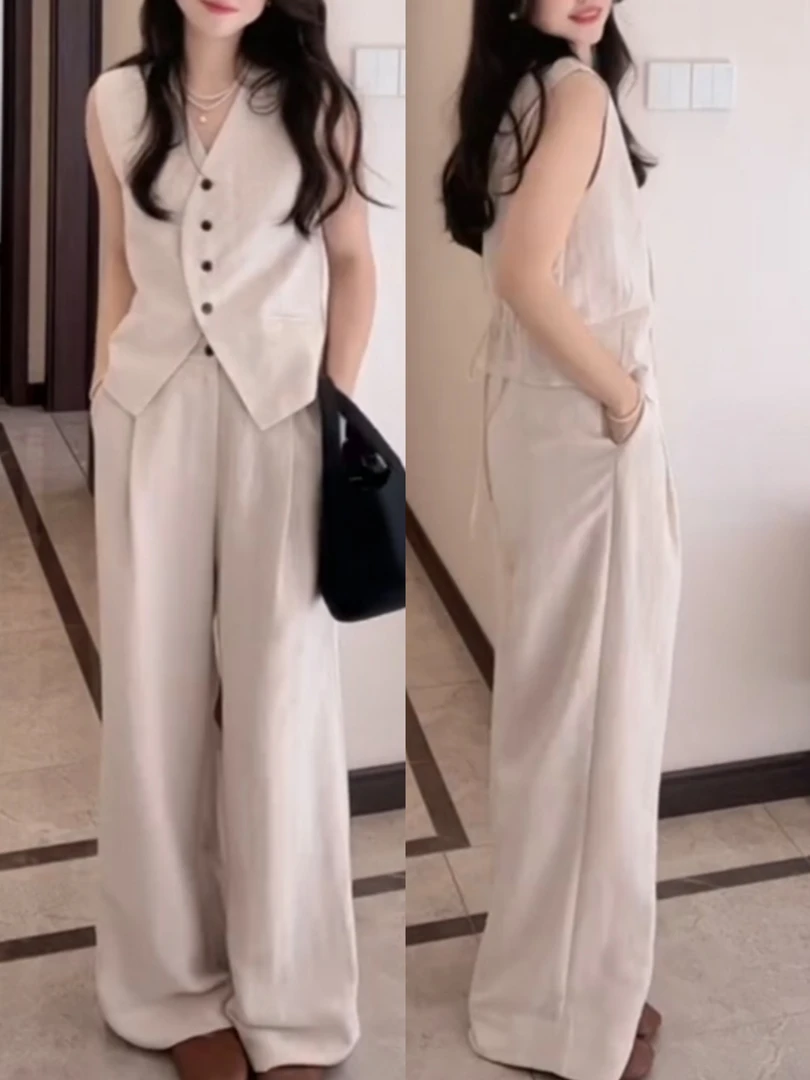 夏季新款松弛高级感棉麻套装时尚马甲松紧腰休闲拖地裤显瘦两件套