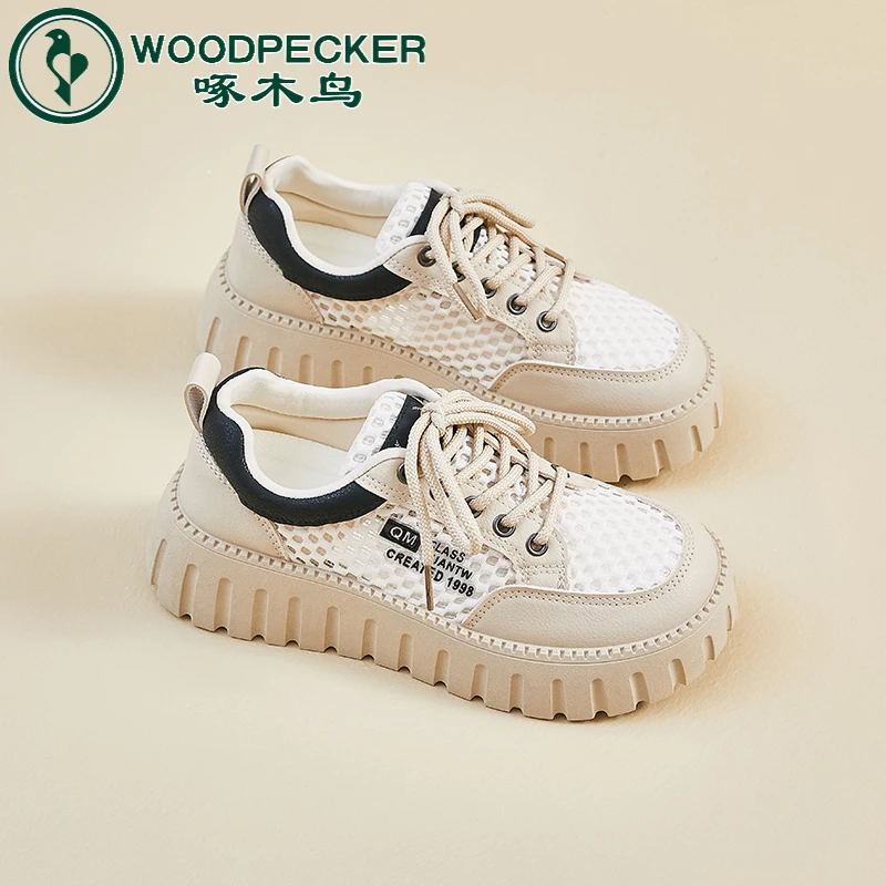啄木鸟2025夏季网面小白鞋新款潮流女学生透气增高运动休闲板鞋女