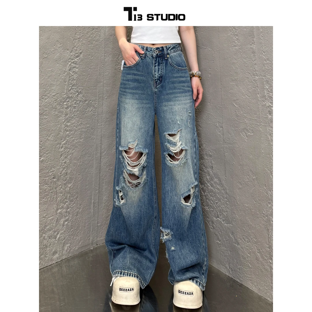 【不烫钻破洞同款】夏季原创美式破洞中高腰牛仔裤女裤