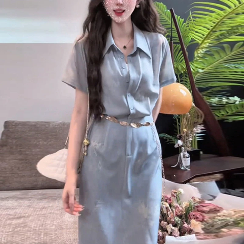 大码复古扎染polo领衬衫连衣裙女夏季胖mm掐腰显瘦气质超好看裙子